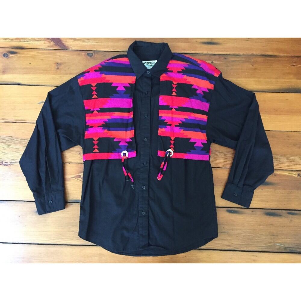 Vtg Wrangler Western Wear Black Aztec Long Sleeve Rodeo Button Down Shirt L 40"